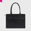 „Schwarze Leder-Handtasche mit Reißverschlussfach auf der Vorderseite – Vorderansicht“
