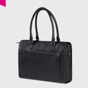 „Schwarze Leder-Handtasche mit langen Tragehenkeln – schräge Seitenansicht“
